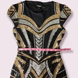 Express | Dresses | Express Black Gold Silver Sequin Bodycon